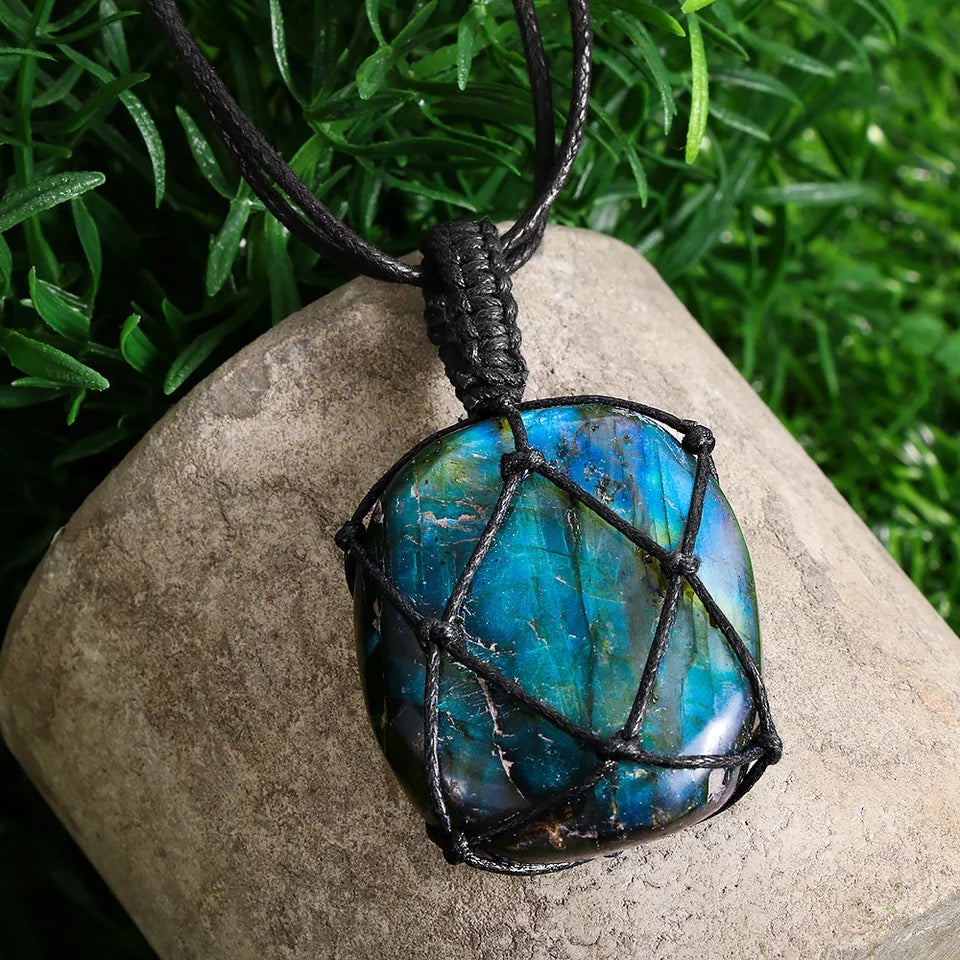 Handmade Labradorite Necklace Natural Stone Pendant Wrap braid Necklace Yoga macrame Necklace for men women Energy necklace