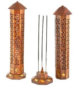 Brass Inlay + Wooden Incense Burner 12" Tall - SpritualCare.co