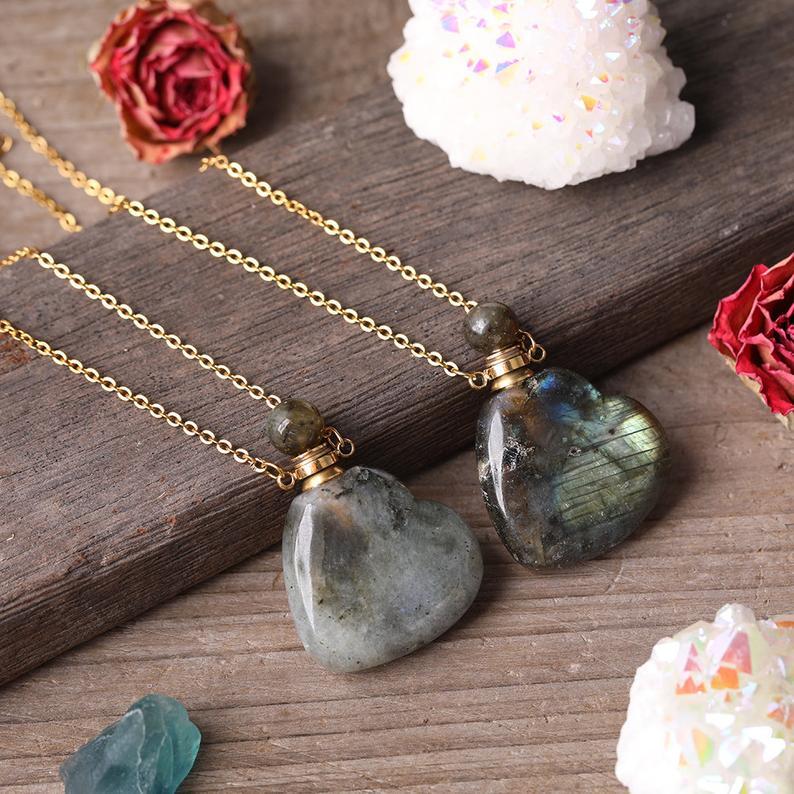 Labradorite Heart Crystal Potion Necklace (with dropper) - Throat Chakra - Life Gardening Tools LLC