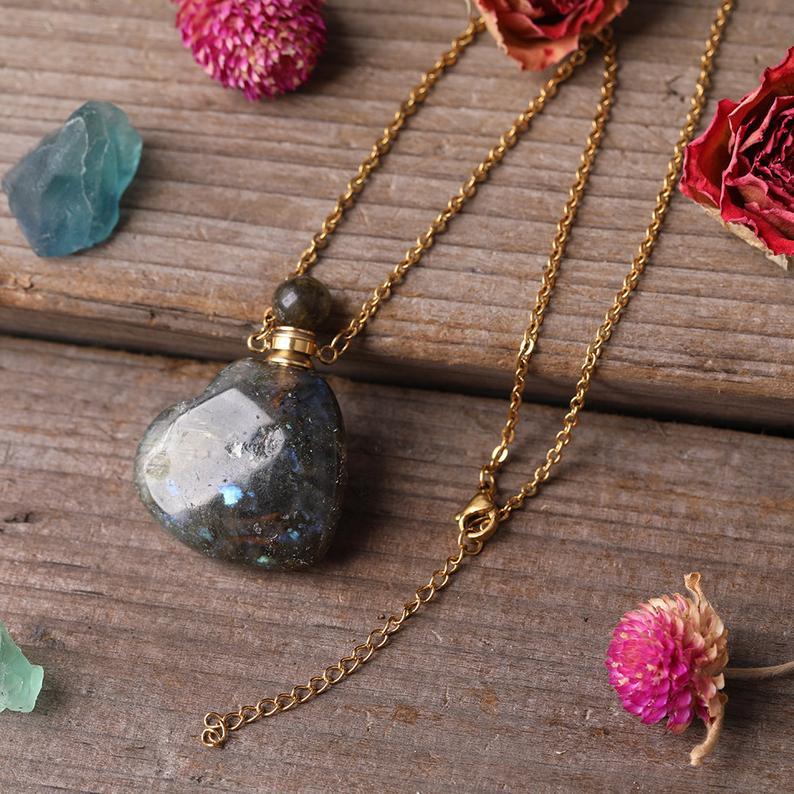 Labradorite Heart Crystal Potion Necklace (with dropper) - Throat Chakra - Life Gardening Tools LLC